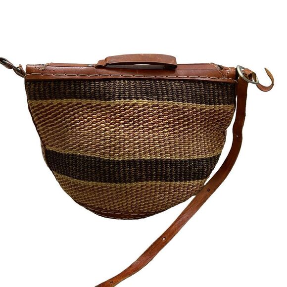 Vintage African Genuine Leather and Woven Purse Handbag - Picture 7 of 15